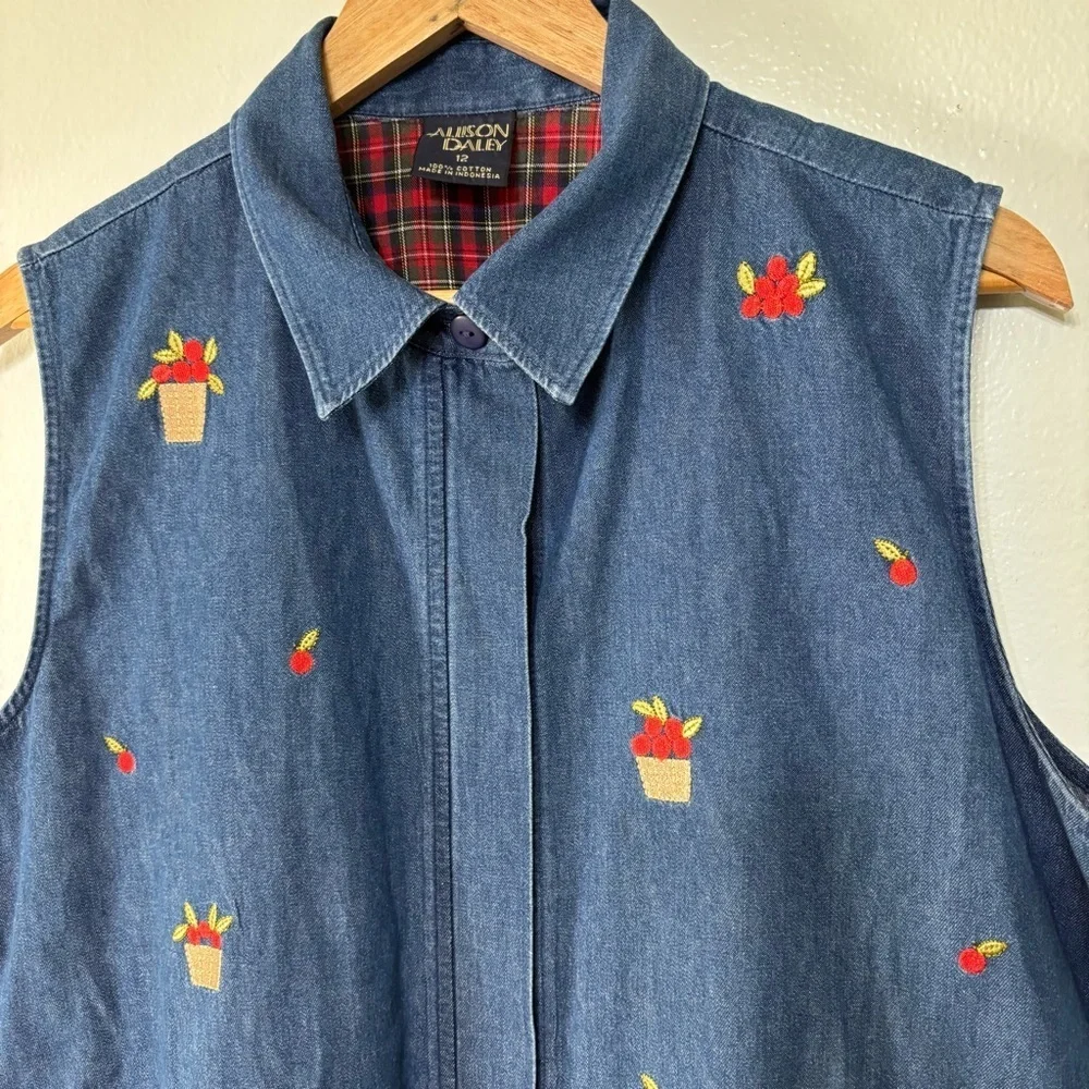 Allison Daley Vintage Cotton Apple Print Embroidered Cottagecore Fall Denim Vest